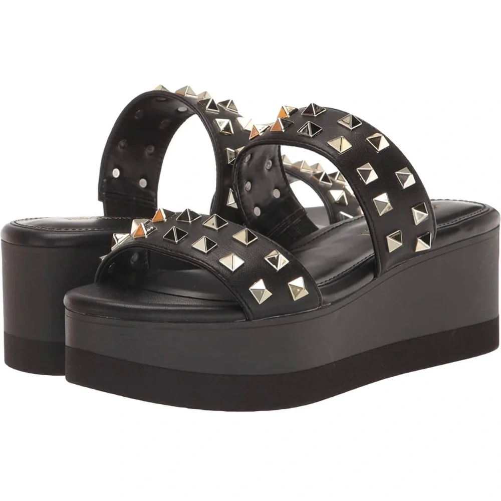 Madden Girl Black Platform Slide Sandals with Gold Studs